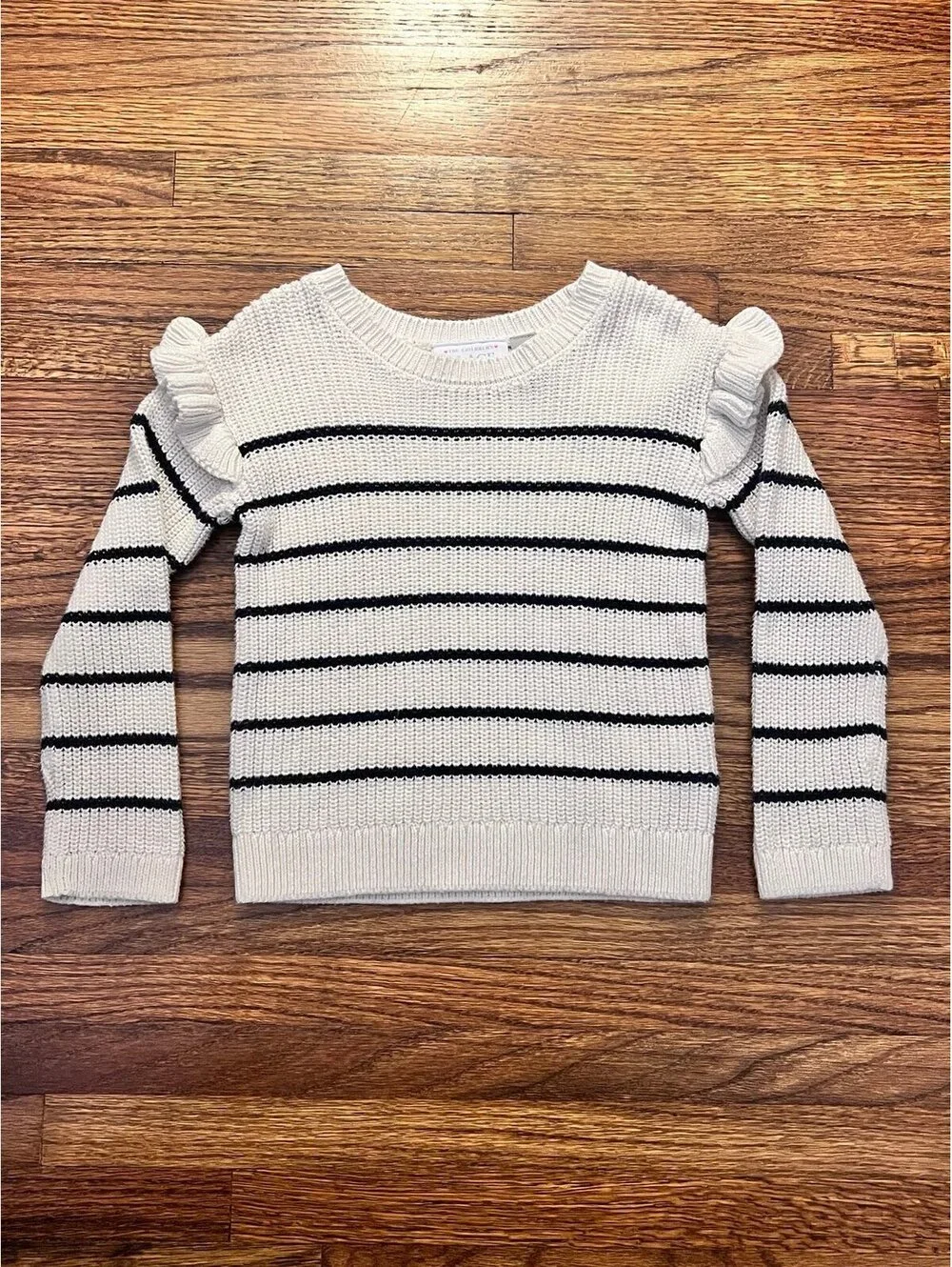 TCP Toddler Girls Long Sleeve Ruffle Sweater; White & Black Striped (3T)